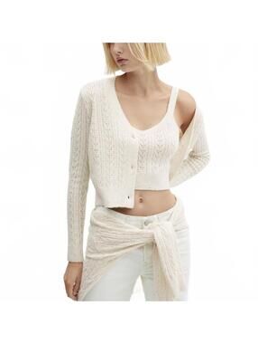 Mango Knit Sequin Tank & Cardigan Sweater Set Billy NWT Ecru Cream XL
